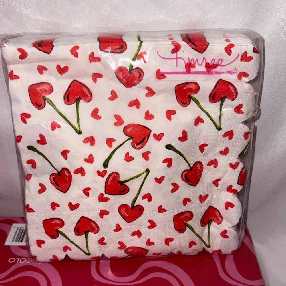 Pink Heart Gift Bags Set of 6 & 32 count Cherry Hearts Lunch Napkins